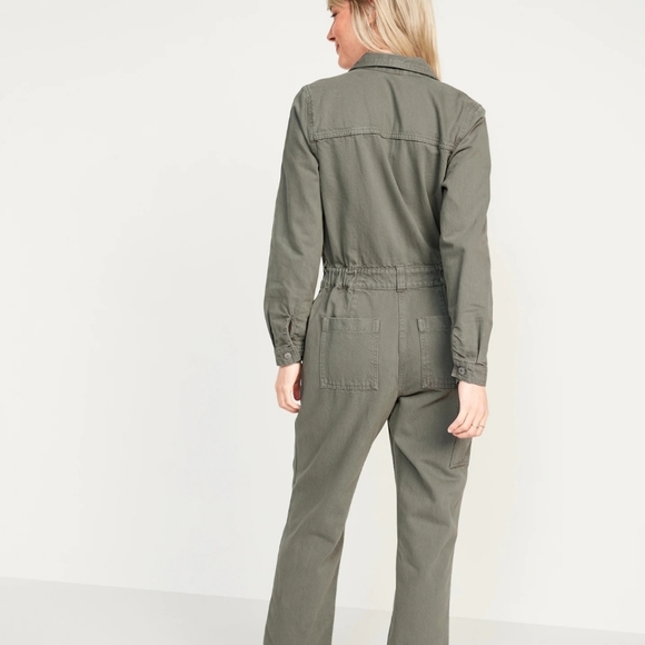 Long-Sleeve Cropped Jean Utility Jumpsuit for Women (GREEN) - Picture 8 of 15